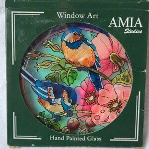 Vintage AMIA Studios Bluebirds Suncatcher Hand Painted Glass NIB 4.5